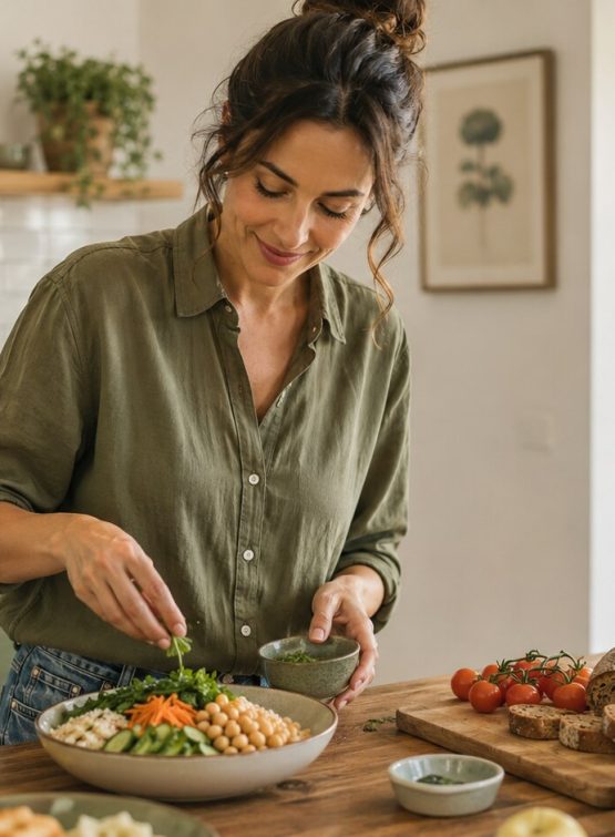 Mujer preparando una comida equilibrada con verduras y alimentos saludables