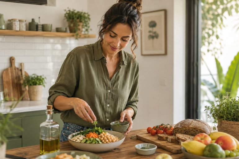 Mujer preparando una comida equilibrada con verduras y alimentos saludables