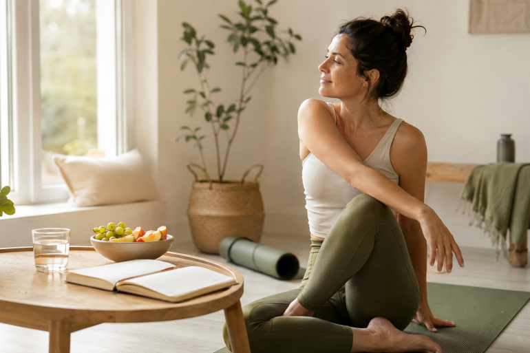Mujer practicando hábitos de bienestar integral en casa