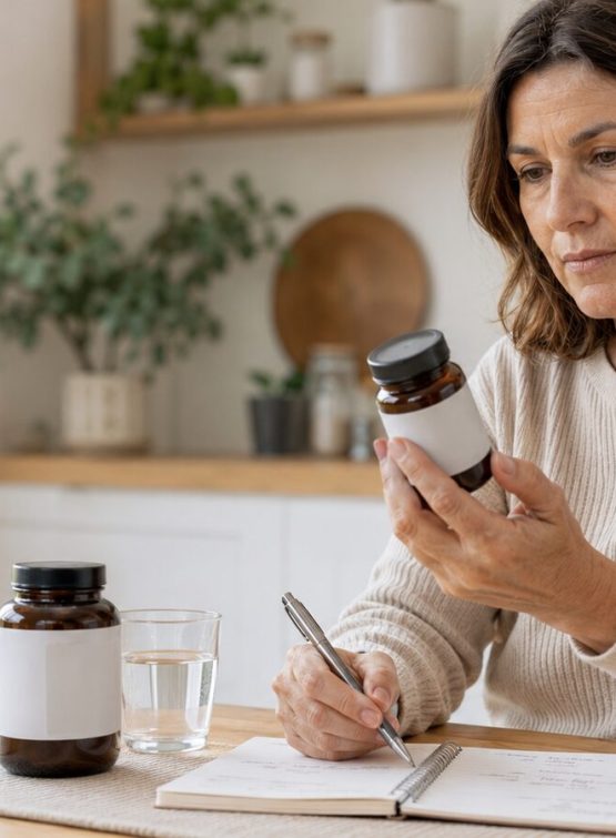 Mujer evaluando la calidad de un complemento alimenticio