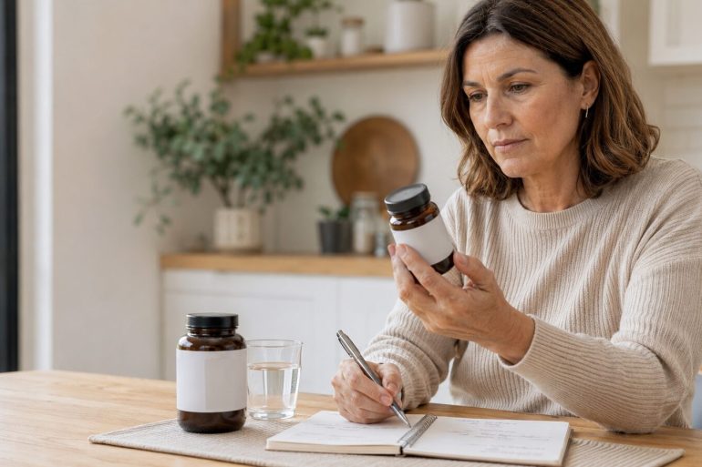 Mujer evaluando la calidad de un complemento alimenticio