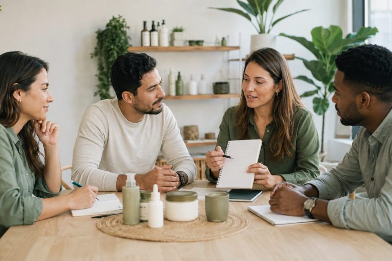 Grupo de distribuidores durante una formación sobre marketing multinivel