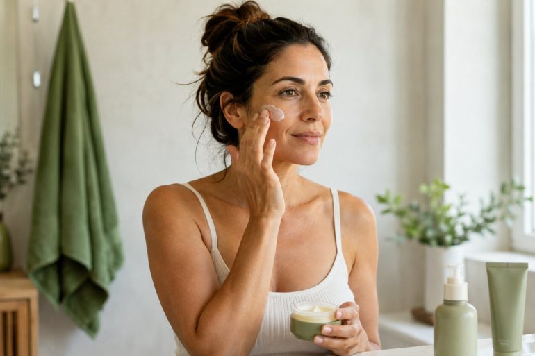 Mujer aplicando crema hidratante durante su rutina facial básica